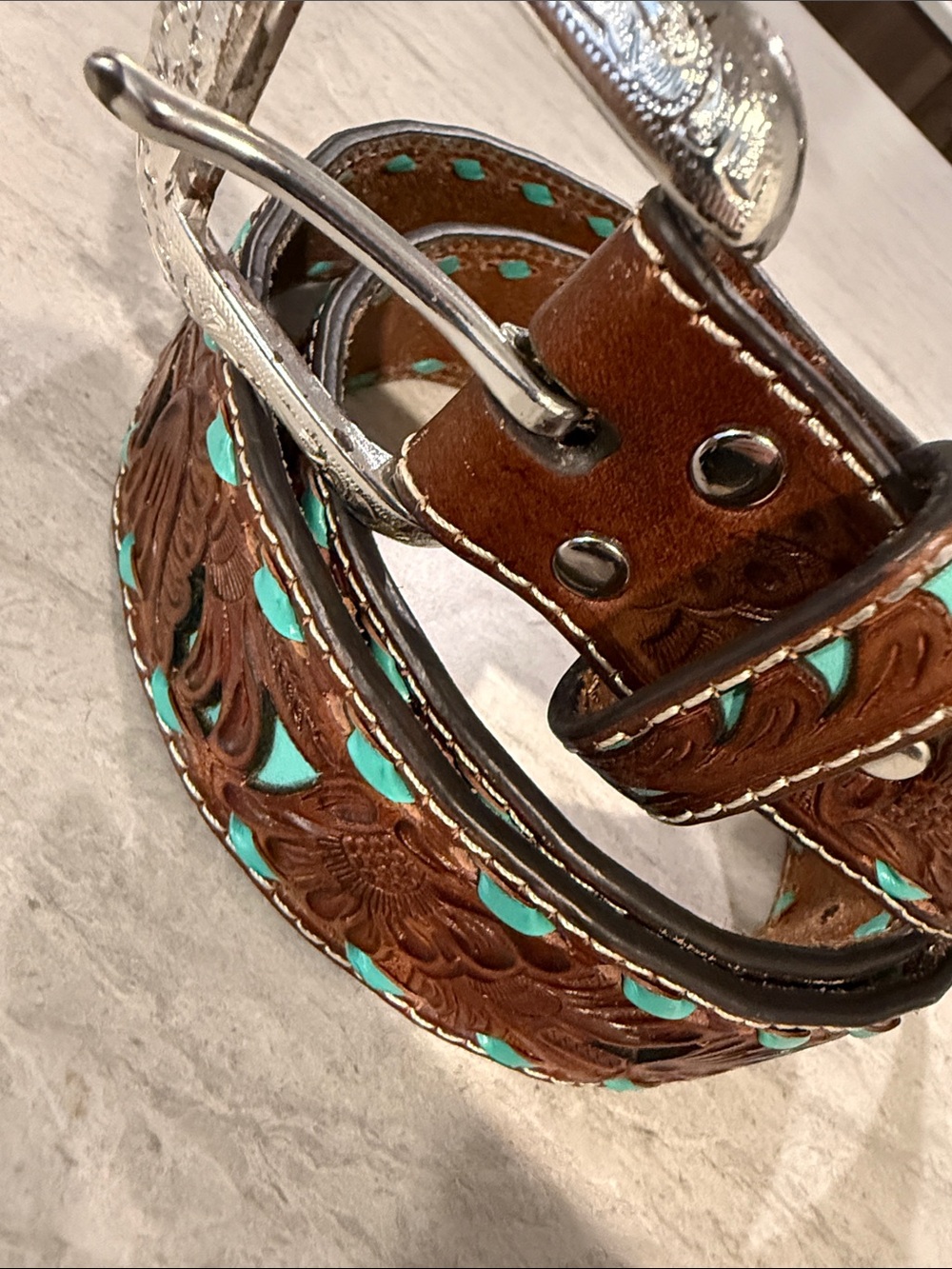 Women's Brown Floral Tooled Leather Belt with Turquoise Inlay